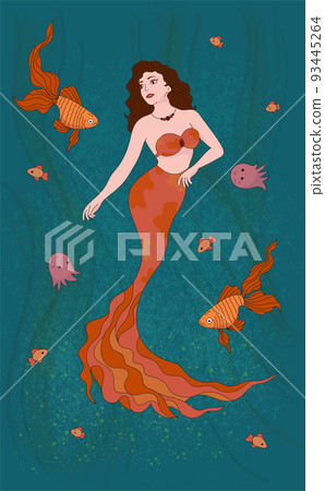 Illustration of a mermaid girl with brown hair and an orange tail. Around the sea with algae. And also sea inhabitants, jellyfish, fish Illustration of a mermaid girl with brown hair and an orange tail. Around the sea with algae. And also sea inhabitants, jellyfish, fish 93445264