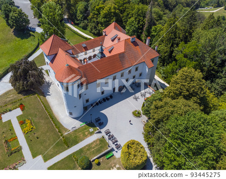 Beautiful aerial drone view of Bogensperk castle, Litija, Slovenia. 93445275