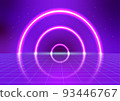 Pink Neon Glow Circle Loop Reflect on Blue Grid Floor Cyberpunk Futuristic Abstract Background 93446767