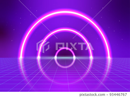 Pink Neon Glow Circle Loop Reflect on Blue Grid Floor Cyberpunk Futuristic Abstract Background 93446767