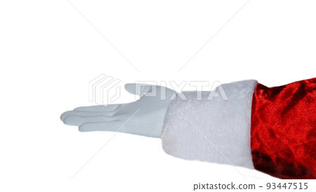 A hand in a Santa Claus glove on a white background. Isolate.  93447515