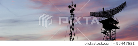 Air defense radars of military mobile anti aircraft systems, modern army industry on the background of the sunset orange sky, Russia Air defense radars of military mobile anti aircraft systems, modern army industry on the background of the sunset orange sky, Russia 93447681