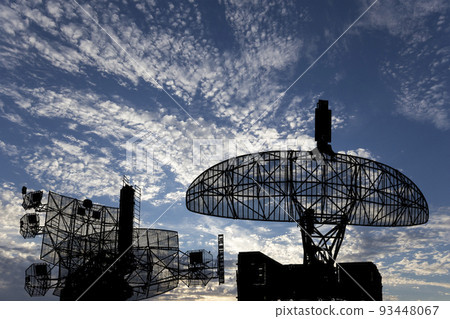 Air defense radars of military mobile anti aircraft systems, modern army industry on background beautiful clouds and sky, Russia Air defense radars of military mobile anti aircraft systems, modern army industry on background beautiful clouds and sky, Russia 93448067