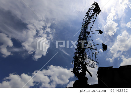 Air defense radars of military mobile anti aircraft systems, modern army industry on background beautiful clouds and sky, Russia Air defense radars of military mobile anti aircraft systems, modern army industry on background beautiful clouds and sky, Russia 93448212