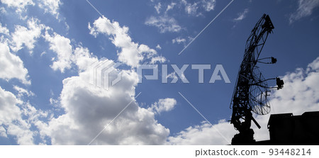 Air defense radars of military mobile anti aircraft systems, modern army industry on background beautiful clouds and sky, Russia Air defense radars of military mobile anti aircraft systems, modern army industry on background beautiful clouds and sky, Russia 93448214