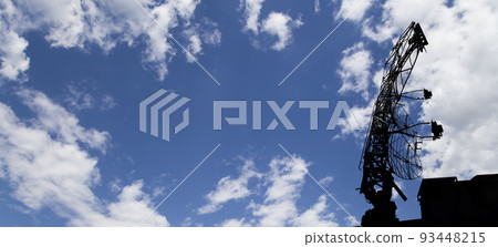 Air defense radars of military mobile anti aircraft systems, modern army industry on background beautiful clouds and sky, Russia Air defense radars of military mobile anti aircraft systems, modern army industry on background beautiful clouds and sky, Russia 93448215