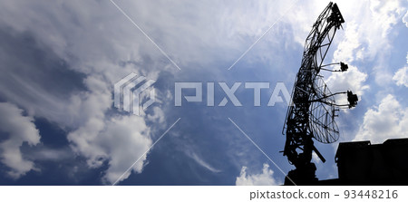 Air defense radars of military mobile anti aircraft systems, modern army industry on background beautiful clouds and sky, Russia Air defense radars of military mobile anti aircraft systems, modern army industry on background beautiful clouds and sky, Russia 93448216