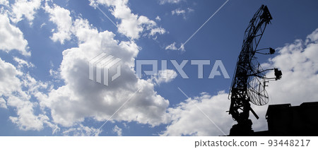 Air defense radars of military mobile anti aircraft systems, modern army industry on background beautiful clouds and sky, Russia Air defense radars of military mobile anti aircraft systems, modern army industry on background beautiful clouds and sky, Russia 93448217