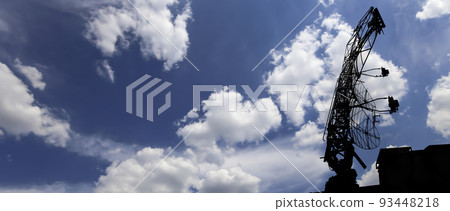 Air defense radars of military mobile anti aircraft systems, modern army industry on background beautiful clouds and sky, Russia Air defense radars of military mobile anti aircraft systems, modern army industry on background beautiful clouds and sky, Russia 93448218