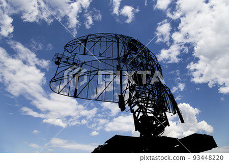Air defense radars of military mobile anti aircraft systems, modern army industry on background beautiful clouds and sky, Russia Air defense radars of military mobile anti aircraft systems, modern army industry on background beautiful clouds and sky, Russia 93448220