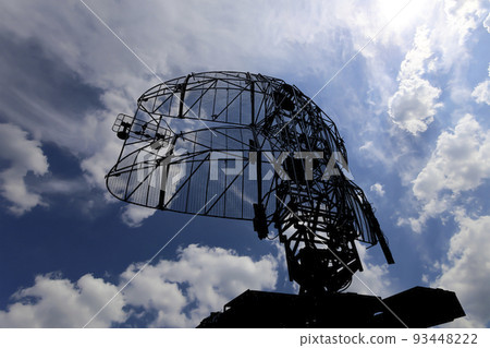 Air defense radars of military mobile anti aircraft systems, modern army industry on background beautiful clouds and sky, Russia Air defense radars of military mobile anti aircraft systems, modern army industry on background beautiful clouds and sky, Russia 93448222