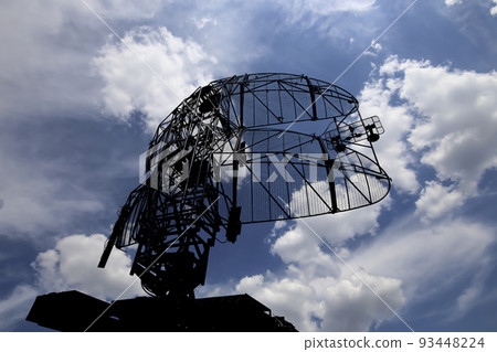 Air defense radars of military mobile anti aircraft systems, modern army industry on background beautiful clouds and sky, Russia 93448224