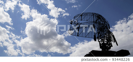 Air defense radars of military mobile anti aircraft systems, modern army industry on background beautiful clouds and sky, Russia Air defense radars of military mobile anti aircraft systems, modern army industry on background beautiful clouds and sky, Russia 93448226
