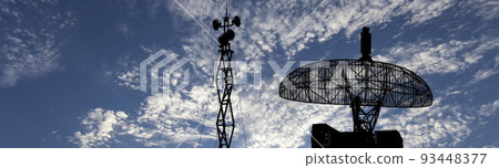 Air defense radars of military mobile anti aircraft systems, modern army industry on background beautiful clouds and sky, Russia 93448377