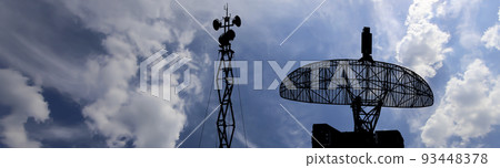 Air defense radars of military mobile anti aircraft systems, modern army industry on background beautiful clouds and sky, Russia 93448378