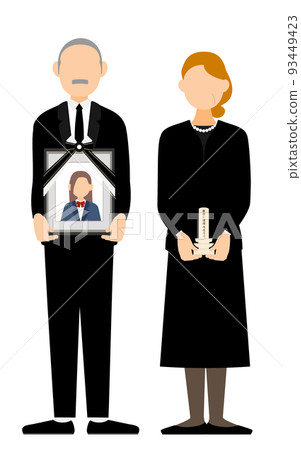 一對老夫婦站著，手裡拿著女兒的肖像和臨時的太平間 93449423