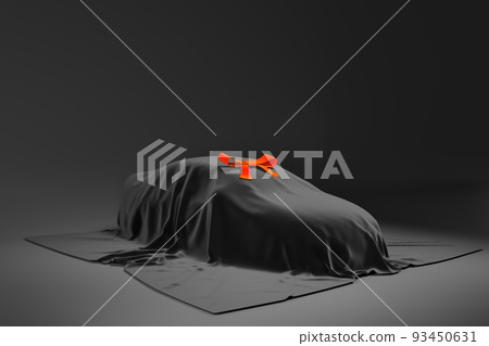 contemporary car hidden under black cloth with red ribbon 93450631