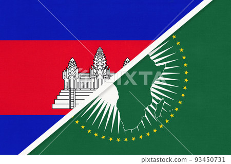 African Union and Cambodia or Kampuchea, national flag from textile. Africa continent vs Cambodian symbol African Union and Cambodia or Kampuchea, national flag from textile. Africa continent vs Cambodian symbol 93450731