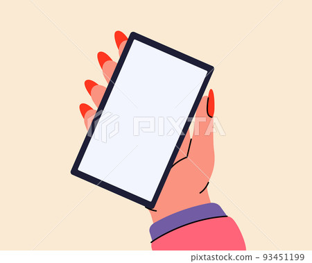 Woman hand holding smartphone with white screen. Cartoon phone in hand. Smartphones with a blank screen. Vector illustration 93451199