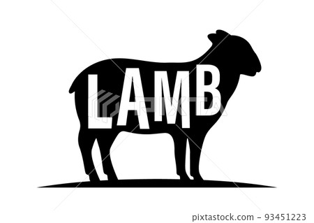 Sheep black silhouette with lettering. Sheep symbol. Ram silhouette. Farm animal icon isolated on white background. Sheep black silhouette with lettering. Sheep symbol. Ram silhouette. Farm animal icon isolated on white background. 93451223