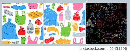 Set of garbage pattern. Unsorted trash background. Garbage background. Set of different types garbage. 93451296