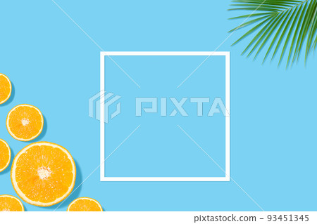 Summer background with oranges, palm leaves and frame Summer background with oranges, palm leaves and frame 93451345