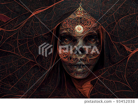 Witch Caught in a Red Spider Web. Halloween Vintage Background. Occult, Esoteric, Divination and Wicca Conce Witch Caught in a Red Spider Web. Halloween Vintage Background. Occult, Esoteric, Divination and Wicca Conce 93452038