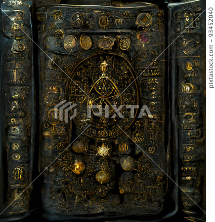 Ancient Book with Glowing Magic Spells and Runes. Occult, Esoteric, Divination and Wicca Concept. Halloween Vintage Background 93452040