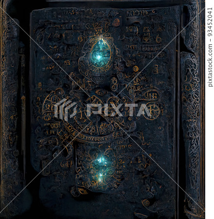 Ancient Book with Glowing Magic Spells and Runes. Occult, Esoteric, Divination and Wicca Concept. Halloween Vintage Background 93452041