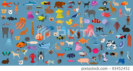 Cartoon animal set and zoo wild mammal icon. Nature wildlife isolated and collection symbol vector illustration. Pet design and africa animal group. Tropical wilderness and exotic forest silhouette 93452452