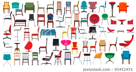 Chair furniture design and armchair seat office interior icon. Home object isolated vector illustration and room symbol style decoration set. Indoor equipment stool and cartoon sitting for apartment 93452455