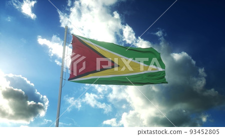 Flag of Guyana waving at wind against beautiful blue sky. 3d illustration Flag of Guyana waving at wind against beautiful blue sky. 3d illustration 93452805