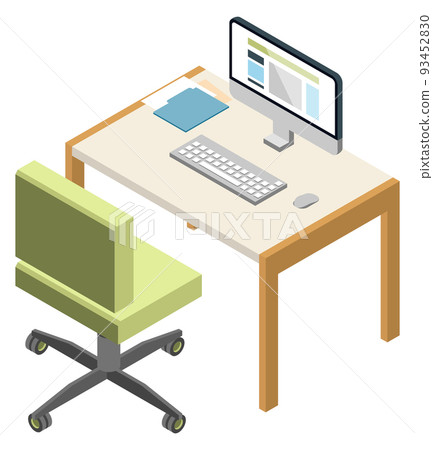 Computer desk and chair isometric icon. Remote workplace Computer desk and chair isometric icon. Remote workplace 93452830
