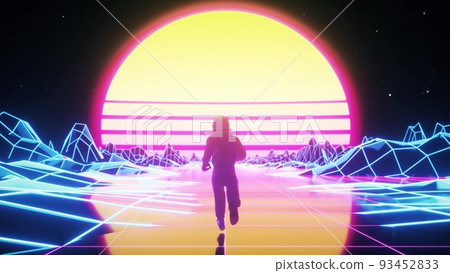 Astronaut runs surrounded by flashing neon lights. Retro 80s style synthwave background. 3d illustration Astronaut runs surrounded by flashing neon lights. Retro 80s style synthwave background. 3d illustration 93452833