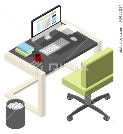 Workspace isometric icon. Office desk with computer and chair Workspace isometric icon. Office desk with computer and chair 93452834