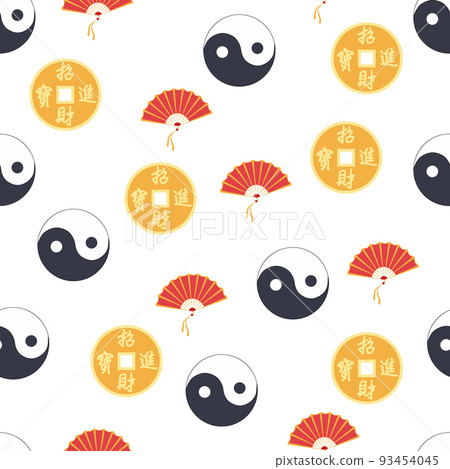 Chinese seamless pattern with feng shui chinese coin with hole, yin-yang, fan, paper lantern 93454045