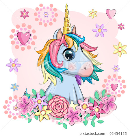 Blue unicorn pony sitting. Cute baby card, baby with big eyes 93454155