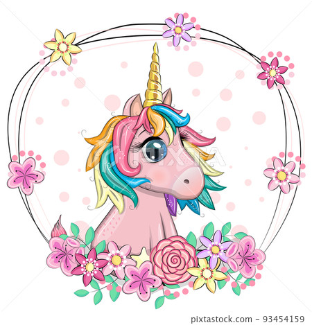 Pink unicorn pony sitting. Cute baby card, baby girl with big eyes Pink unicorn pony sitting. Cute baby card, baby girl with big eyes 93454159