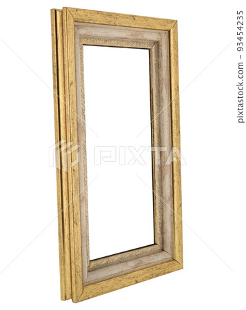 Perspective view of Antique Classic Old Vintage Wooden Rectangle canvas frame isolated on white. Blank and diverse subject moulding baguette. Design element for paint, mirror or photo Perspective view of Antique Classic Old Vintage Wooden Rectangle canvas frame isolated on white. Blank and diverse subject moulding baguette. Design element for paint, mirror or photo 93454235