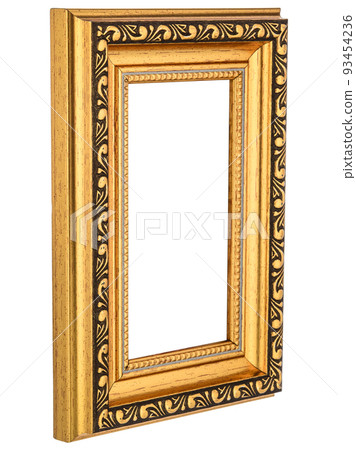 Perspective view of Antique Classic Old Vintage Wooden Rectangle canvas frame isolated on white. Blank and diverse subject moulding baguette. Design element for paint, mirror or photo 93454236