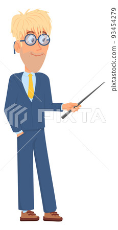 Businessman with wooden pointer stick. Happy man present 93454279