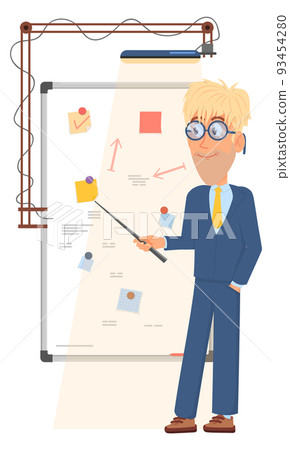 Man showing work strategy board. Business presentation icon 93454280