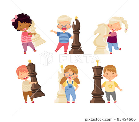 Children playing chess with big pieces. Kids playing chess strategy game for brain development cartoon vector illustration Children playing chess with big pieces. Kids playing chess strategy game for brain development cartoon vector illustration 93454600