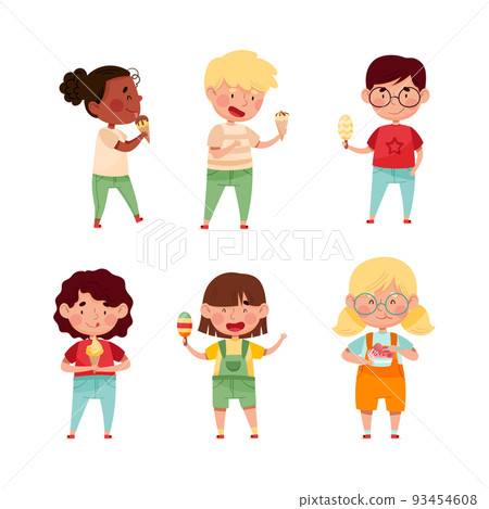 Set of cute little boys and girls feeling happy with their ice cream cartoon vector illustration Set of cute little boys and girls feeling happy with their ice cream cartoon vector illustration 93454608