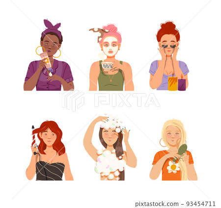 Collection of girls applying facial mask and cream, washing, combing and curling hair set cartoon vector illustration 93454711