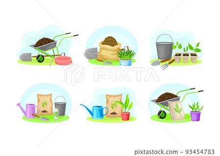 Garden tools set. Sack of soil, wheelbarrow, watering can and seedlings agricultural objects vector illustration 93454783