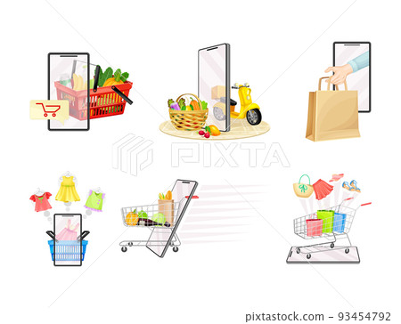 Shopping Online on mobile application set. Customers buying food and clothes via smartphone vector illustration 93454792