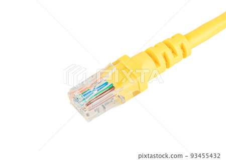 Close-up of an 8-pin RJ-45 computer connector on a yellow cable over a white background. 93455432