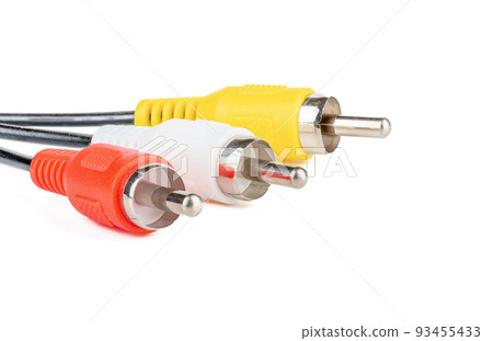 Close-up of red, white and yellow PCA connectors on a white background. Close-up of red, white and yellow PCA connectors on a white background. 93455433