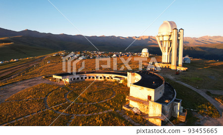 Bright dawn over the observatory in the mountains 93455665